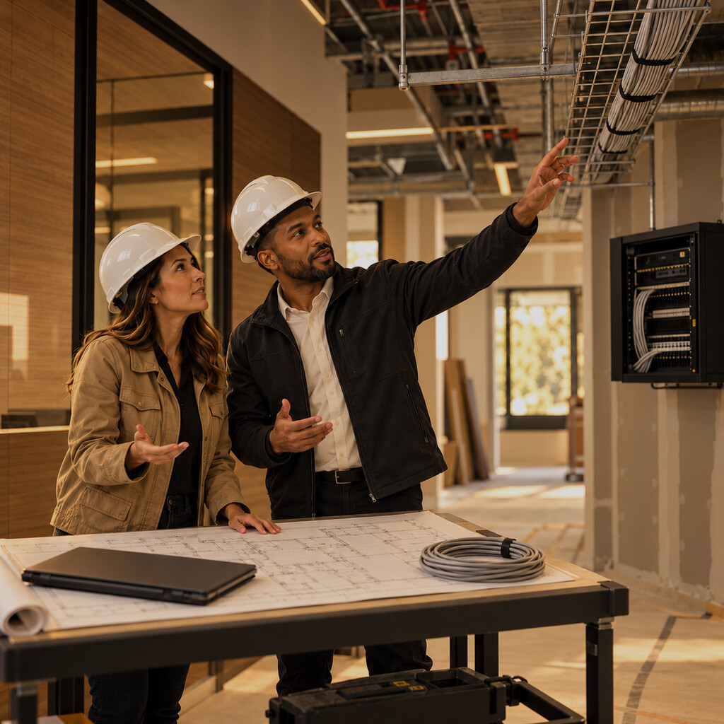 IT consultant and project manager planning structured cabling for an office buildout