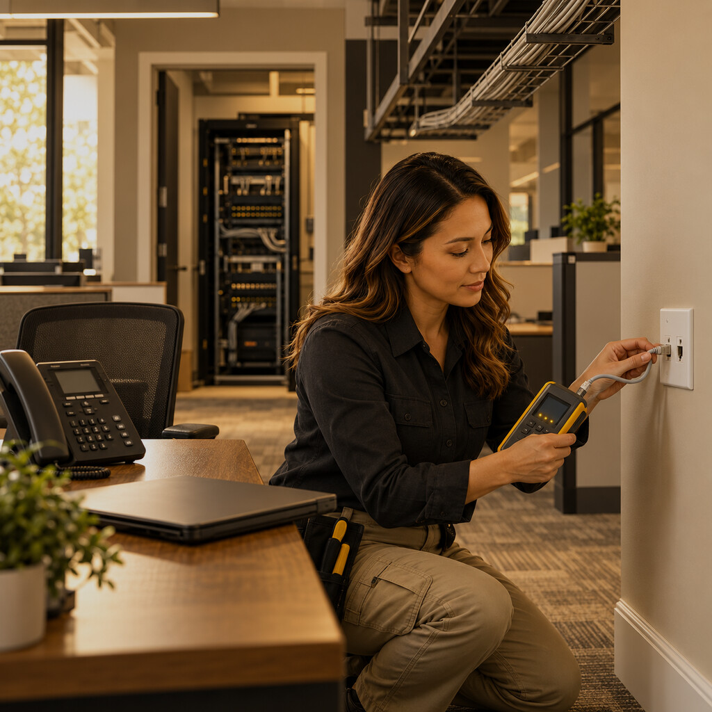 Technician testing a structured cabling network port in a New Jersey office