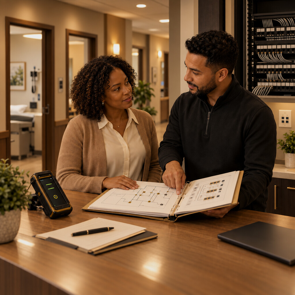 IT technician reviewing structured cabling documentation with a healthcare office manager