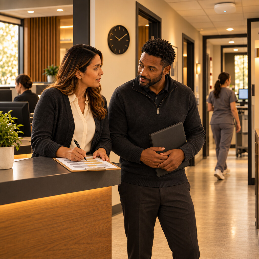 Medical office manager scheduling a wireless site survey with an IT consultant.
