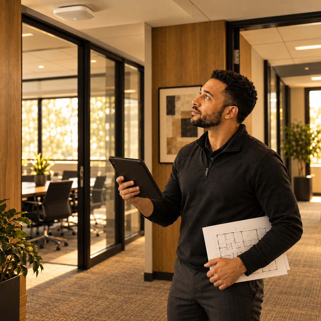 Wireless site survey technician checking an office access point while holding a tablet and floor plans