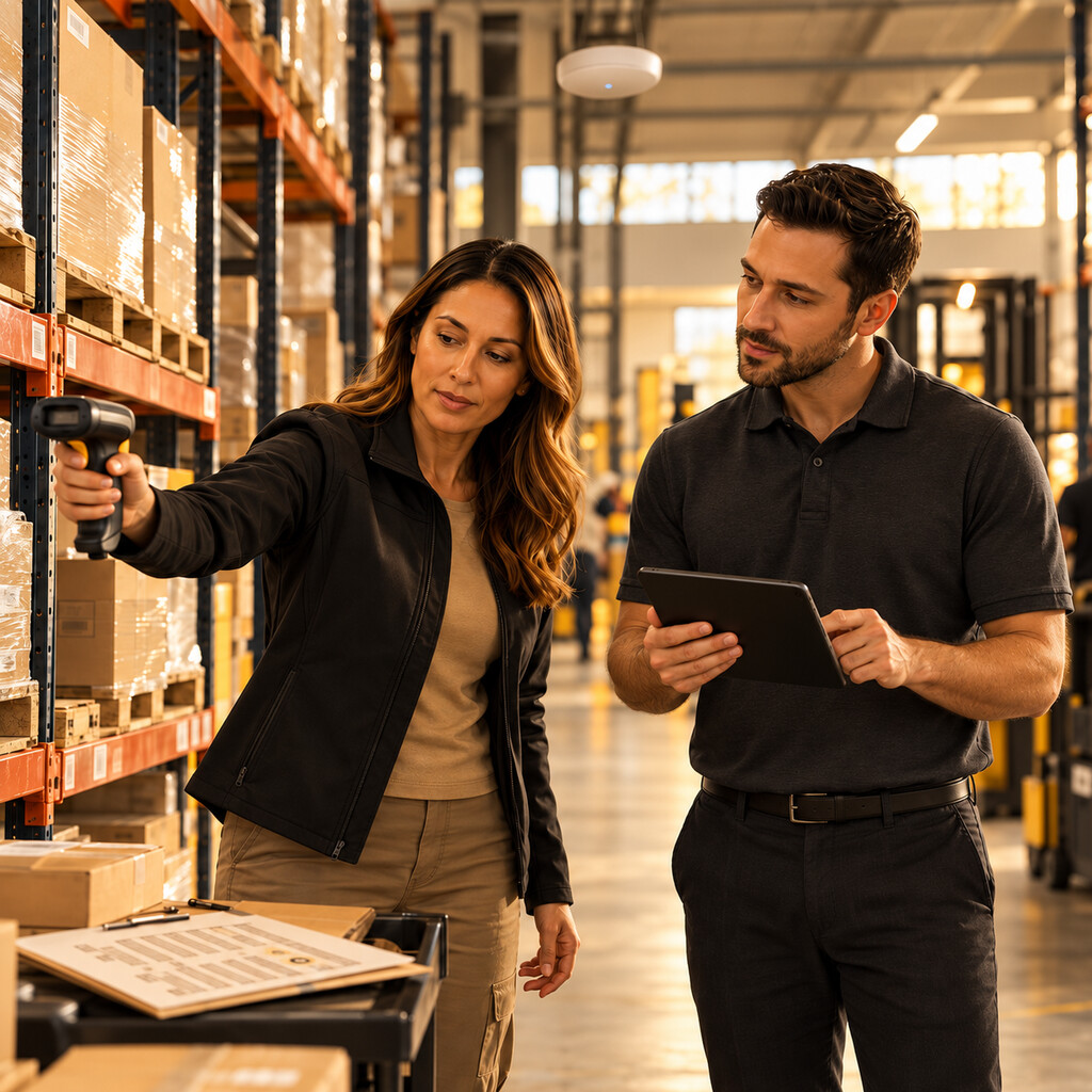 Warehouse employee scanning inventory while a wireless site survey technician checks the location with a tablet