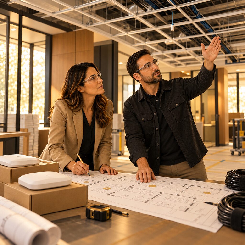 Facilities manager and IT consultant planning wireless access point placement before office installation.