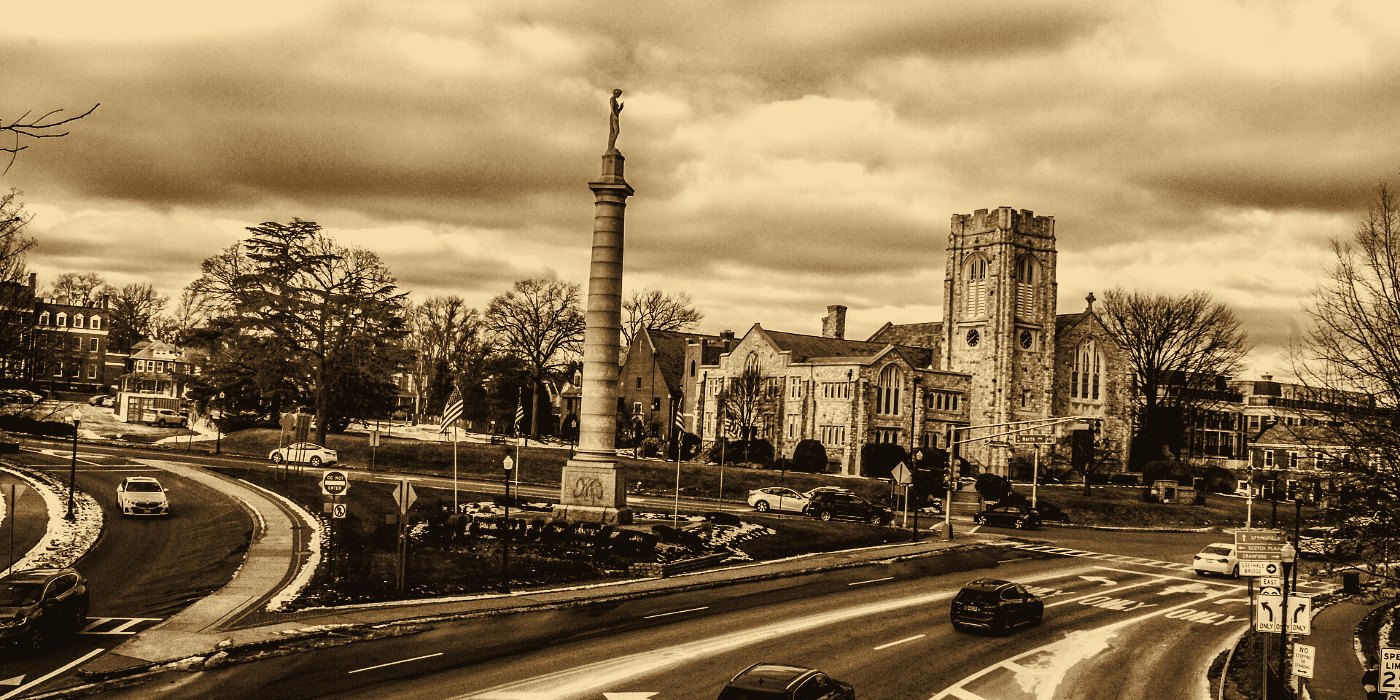 Downtown Westfield, NJ with the Soldiers' Monument and a historic church