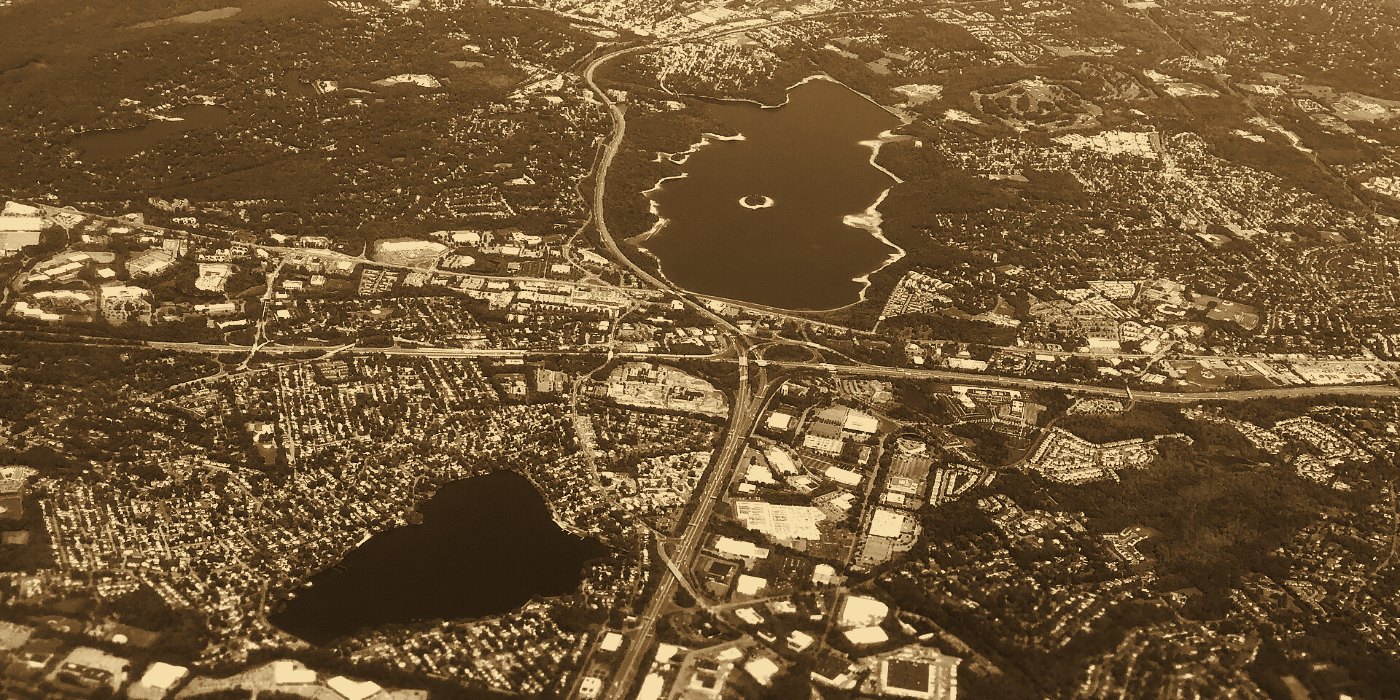 Aerial view of Parsippany, NJ showing the I-80 and I-287 interchange, Lake Parsippany and Boonton Reservoir
